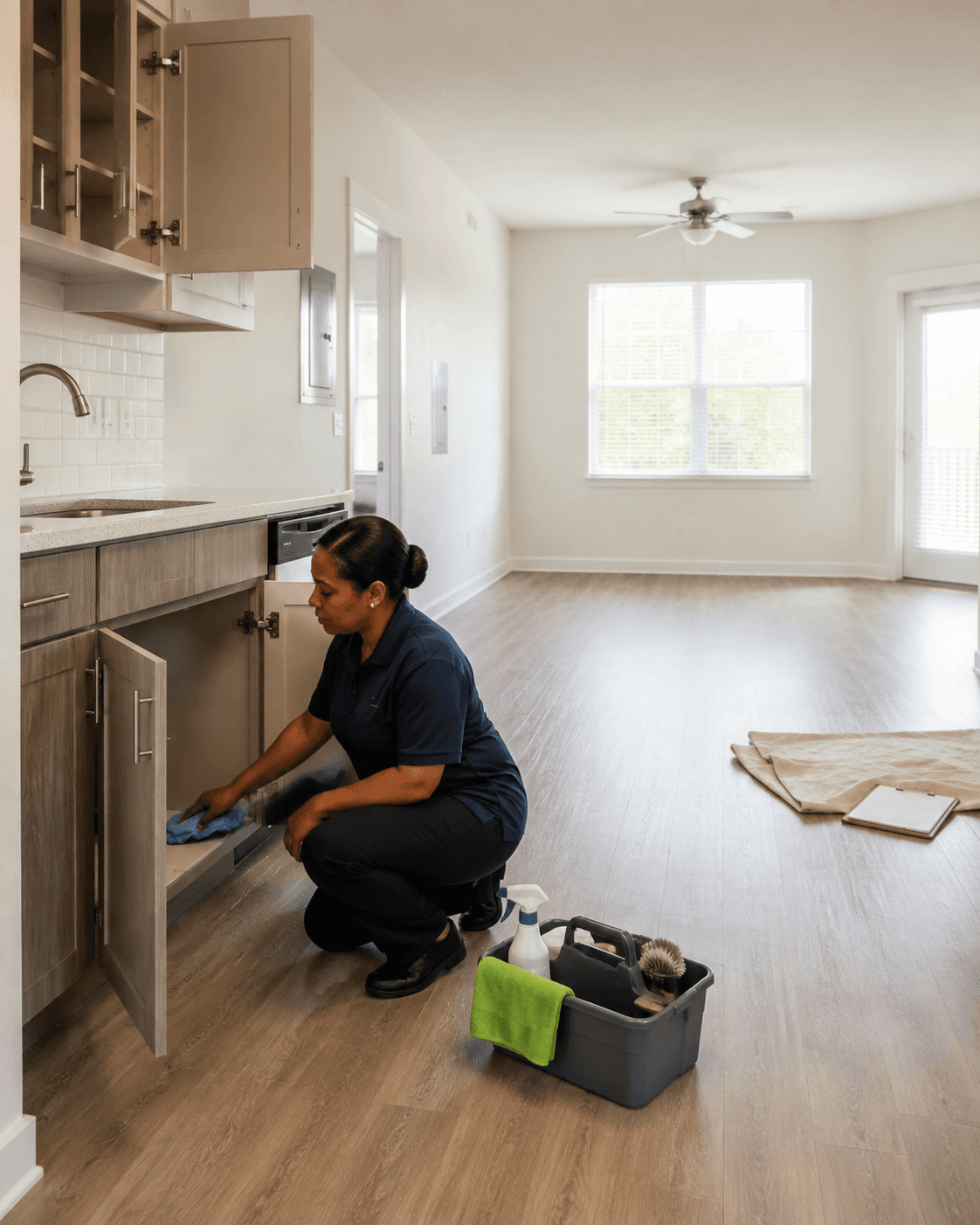 A professional cleaning the inside of cabinets in a vacant apartment