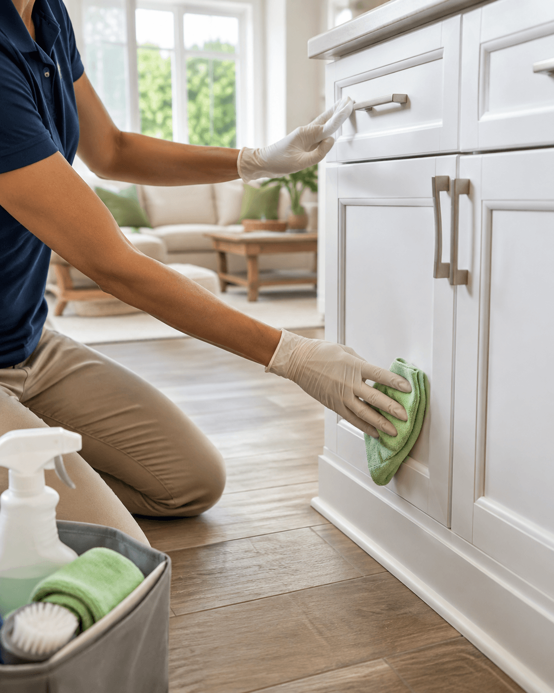 A cleaning professional completing detailed work in a kitchen