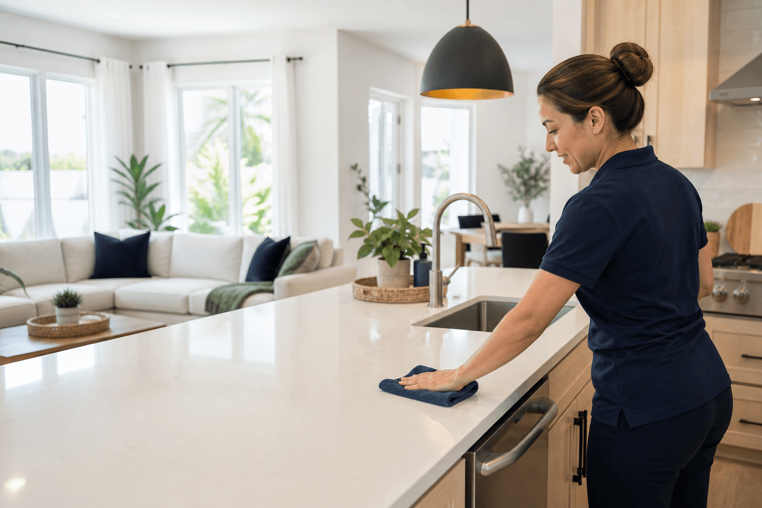 A Salito's cleaning professional wiping a bright kitchen counter