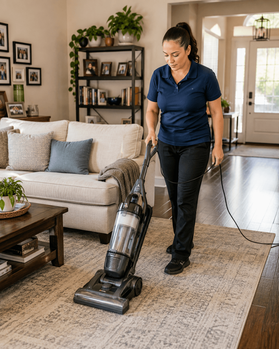 A professional cleaner vacuuming a comfortable living room